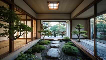 Traditional Japanese interior with garden view, featuring plants and stone pathways creating a serene and tranquil atmosphere