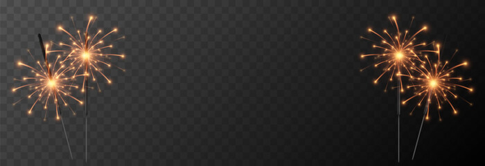 Vector realistic sparkler png. Bengal lights on isolated transparent background. Sparks, fireworks, Christmas light.