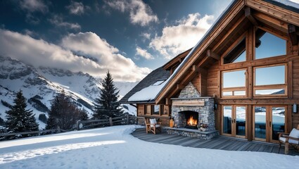 Fototapeta premium Charming wooden chalet with a cozy fireplace, set against stunning snowy mountains, offering a perfect winter retreat amidst nature's beauty