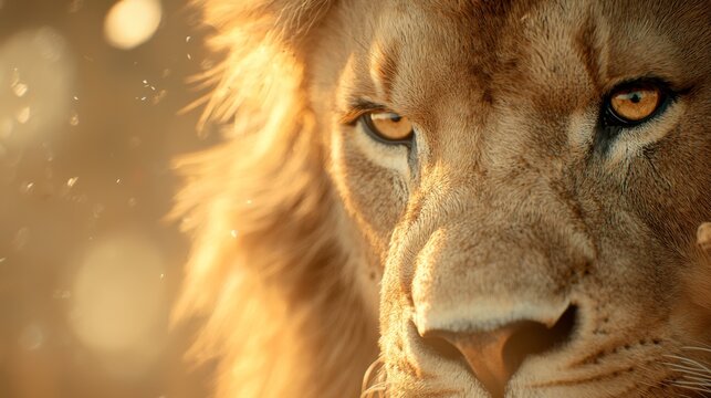 Majestic Lion Aslan, striking close-up portrait, captivating gaze, soft blurred backdrop, embodying strength and nobility in a serene atmosphere.