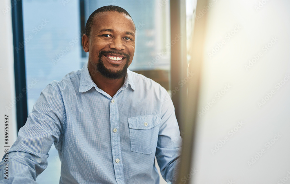 Poster Portrait, business and black man with computer, connection and network with internet, research and online article. Face, creative and journalist with pc, pride and website design for magazine editing