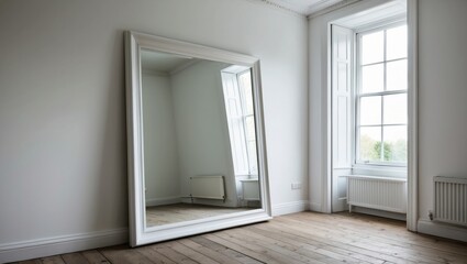Spacious room featuring a large white framed mirror reflecting a bright atmosphere, highlighting minimalist design and elegance