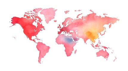 A colorful watercolor map of the world, showcasing various shades of red, orange, and pink, conveying a vibrant and artistic representation of global geography.