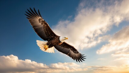 Obraz premium Majestic eagle soaring through the clear blue sky, showcasing powerful wings and freedom in flight Perfect for wildlife and nature themes