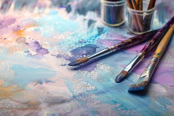 Fototapeta premium Close-up shot of paint brushes on a table, ready for use