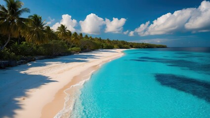 Fototapeta premium Serene tropical beach with powdery sand, clear turquoise water, palm trees, and a bright blue sky Ideal for vacations and relaxation