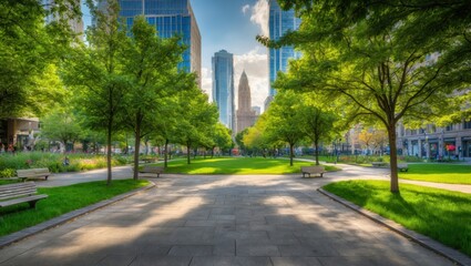 Naklejka premium Scenic urban park with lush greenery, trees, and benches, surrounded by skyscrapers, ideal for relaxation and leisure activities