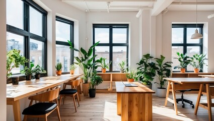 Fototapeta premium Bright modern office workspace featuring wooden desks and lush greenery, promoting productivity and well being in a serene atmosphere