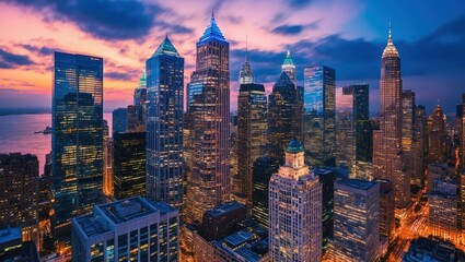 Obraz premium Stunning city skyline during sunset showcases modern skyscrapers and vibrant colors, symbolizing urban life and travel opportunities