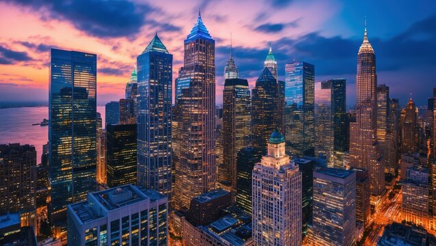Stunning city skyline during sunset showcases modern skyscrapers and vibrant colors, symbolizing urban life and travel opportunities - Powered by Adobe
