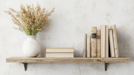 Mockup Poster Displayed on Wooden Shelf Surrounded by Books for Stylish Home Decoration, Digital Render Showcasing Contemporary Interior Aesthetics