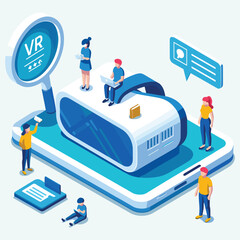 isometric flat illustration of people developing virtual reality glasses and working on a project 