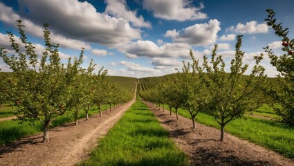 Obraz premium Scenic orchard with apple trees lining a path, under a bright blue sky adorned with clouds Perfect for nature lovers and outdoor activities