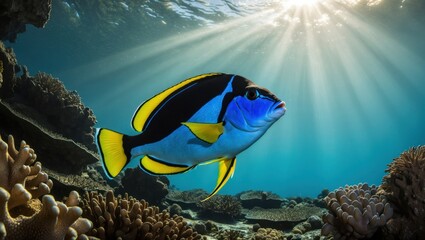 Fototapeta premium Colorful fish swimming amidst vibrant coral in clear underwater environment, showcasing marine life diversity and tranquility of ocean ecosystems