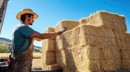 Fototapeta premium A farmworker stacking rectangular bales of straw into a truck, preparing for transport, with a clear blue sky overhead.