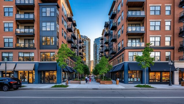 Contemporary urban scene featuring residential buildings, shops, and greenery, creating a vibrant atmosphere for leisure and community activities