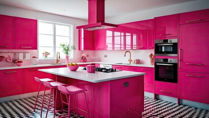 Stylish pink kitchen featuring modern appliances, bright decor, and cheerful atmosphere, suitable for culinary creativity and home improvement