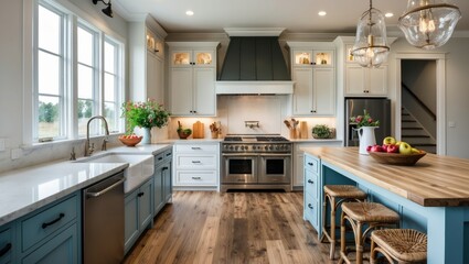 Fototapeta premium Modern kitchen with elegant cabinetry, open layout, ample natural light, and inviting atmosphere, perfect for cooking and family gatherings