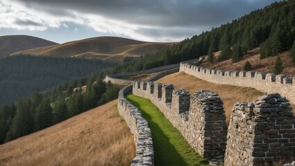 Naklejka premium Historic stone wall winding through hills and forests offers breathtaking views, an ideal spot for hiking and exploring nature's beauty
