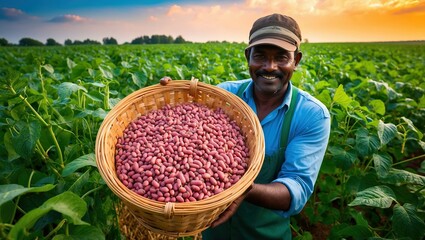 Smiling farmer holds a basket of freshly harvested peanuts in lush green field under a colorful sunset, symbolizing hard work and agricultural life