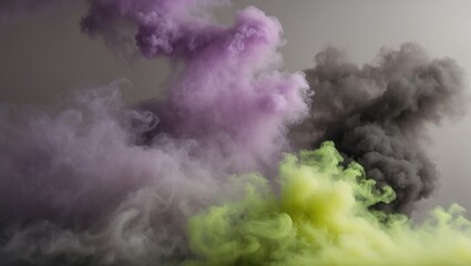 Vibrant smoke clouds in purple, green, and black create an ethereal atmosphere, ideal for artistic presentations and event promotions