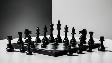 Sleek black chess pieces arranged on a board, creating an atmosphere of focus and strategy  Ideal for competitive play or leisure activities