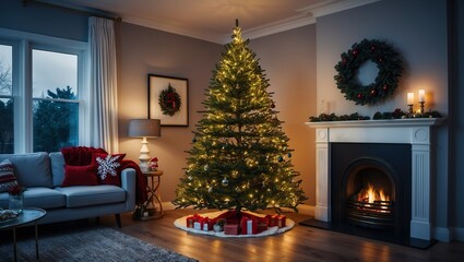 Cozy living room featuring beautifully decorated Christmas tree, gifts beneath, warm fireplace, creating festive holiday atmosphere for family gatherings