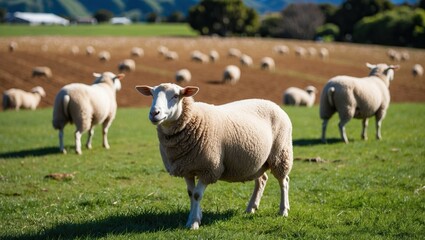 Sheep grazing in lush green pasture under clear blue sky, showcasing rural life and peaceful agriculture landscape