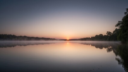 Fototapeta premium Mist rises over tranquil lake at sunrise, creating serene atmosphere with stunning reflections and hint of fog against a colorful sky