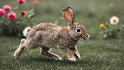 Fototapeta premium Playful rabbit running across a vibrant garden, surrounded by colorful flowers, capturing a lively outdoor scene full of energy and nature