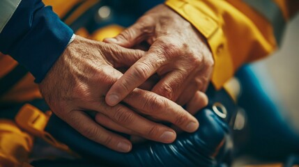Close-up of two hands clasped together, showing the details of skin, wrinkles and fingernails.