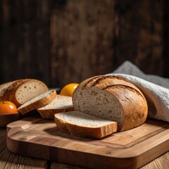 Tasty cut bread displayed on a wooden cutting board, complemented by wheat ears, emphasizing a cozy kitchen vibe.