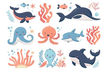 Fototapeta premium Colorful illustration of playful whales and octopuses together in the ocean