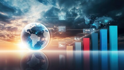 Visual representation of global analytics with data graphs, world globe, and modern technology, symbolizing business growth and performance analysis