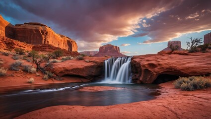 Stunning desert landscape featuring a waterfall cascading over red rock formations, accentuated by a dramatic sky at sunset, inviting tranquility and exploration