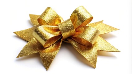 Golden sparkling gift bow on white background