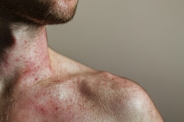 Fototapeta premium Close-up of a person's shoulder and neck showing skin texture and redness.