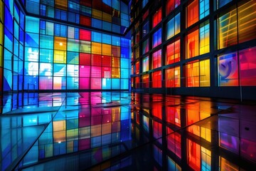 A room filled with vibrant glass walls, ideal for interior design or art projects