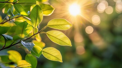 Obraz premium A close-up of green leaves illuminated by sunlight, creating a serene natural atmosphere.
