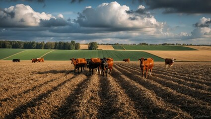 Fototapeta premium Cattle grazing on a lush green field, under a cloudy sky, conveying tranquility and rural farming practices in a peaceful landscape