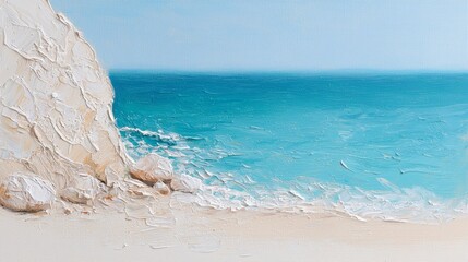 Greece Beach Serenity, an original oil painting capturing the tranquil beauty of a sunlit beach with soft waves, vibrant colors, and a blurred background creating a dreamy atmosphere.