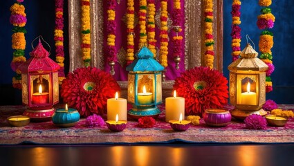 Fototapeta premium Colorful lamps and candles surround flowers and decorations, creating a vibrant atmosphere for a festive celebration Ideal for cultural and spiritual themes