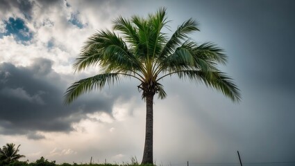 Obraz premium Tall palm tree stands against dramatic sky, showcasing nature's beauty and tranquility, ideal for tropical vacation themes or relaxation imagery