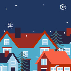 Winter town, festive decorated houses, falling snow night background. Christmas banner flat design