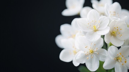 Obraz premium Elegant white blossoms against a deep backdrop, intricately detailed closeup, highlighting the delicate petals and contrasting hues, evoking a serene and captivating beauty.