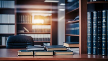 Desk filled with law books and documents in a professional office environment, suggesting a focus on legal studies and research