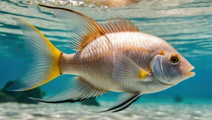 Naklejka premium Colorful fish swimming gracefully in clear, sunlit ocean water, showcasing aquatic life beauty and vibrant marine ecosystem