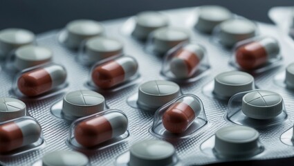 Close up of various pills and capsules in a blister pack, showcasing medication for healthcare and wellness use