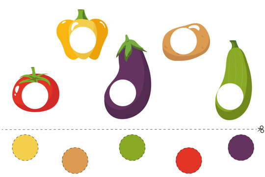 Cut out and glue colorful circles onto the vegetables. Learning to cut. Game for children. Educational cards for children. Preschool activity pages worksheet with cut out insert.