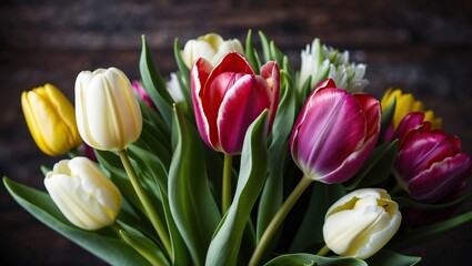 Fototapeta premium Vibrant bouquet of tulips in various colors showcasing natural beauty and freshness, perfect for spring decorations or festive gifts